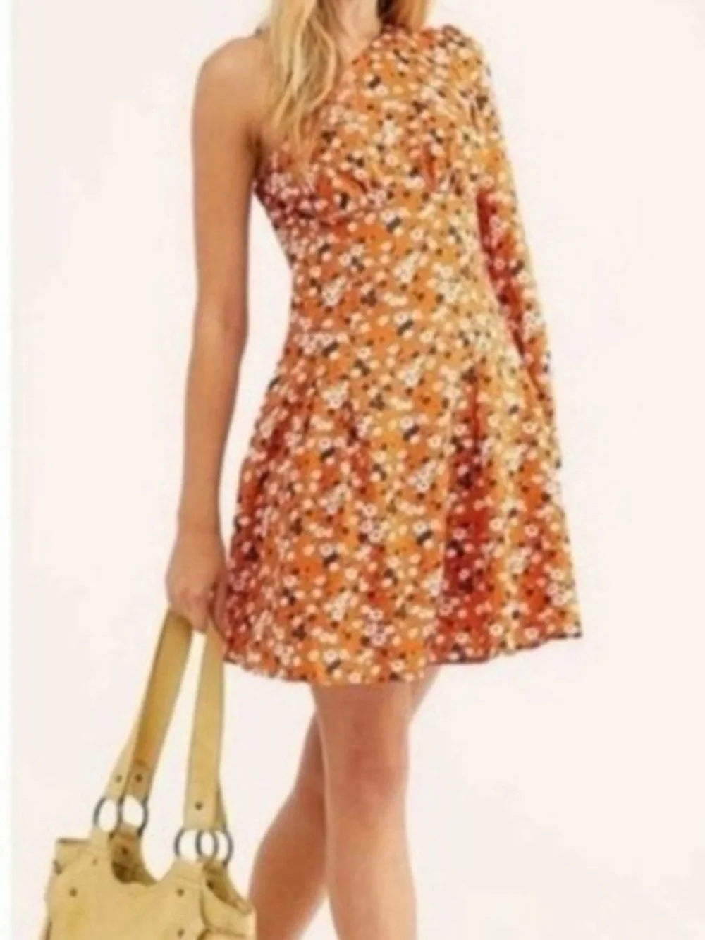 Free People Jules One-Shoulder Orange Floral‎ Mini Boho Dress